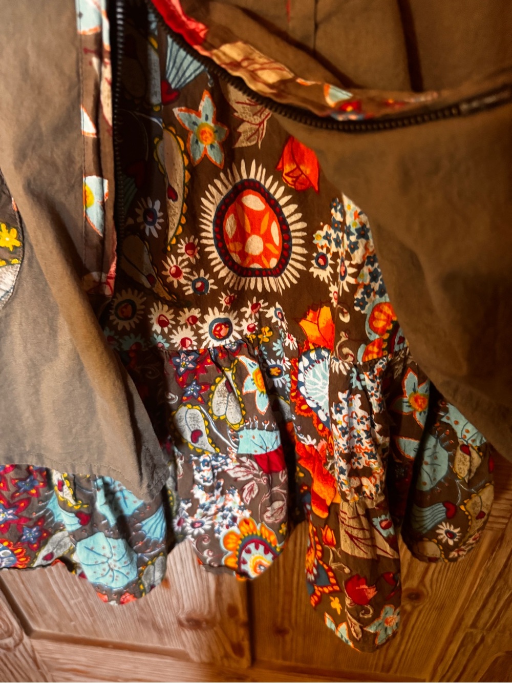 Boho Embroidered brownGreen Sundress with Floral Trim - Picture 4 of 7